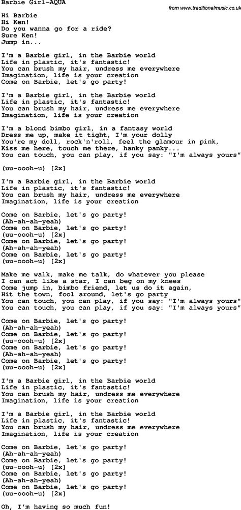 Aqua barbie girl lyrics - Jul 2, 2020 ... This browser is not supported · Song Lyrics's post · Barbie Girl - Song by Aqua (Barbie Girl Lyrics) Lyrics Hiya, Barbie Hi, Ken! You want to go&n...